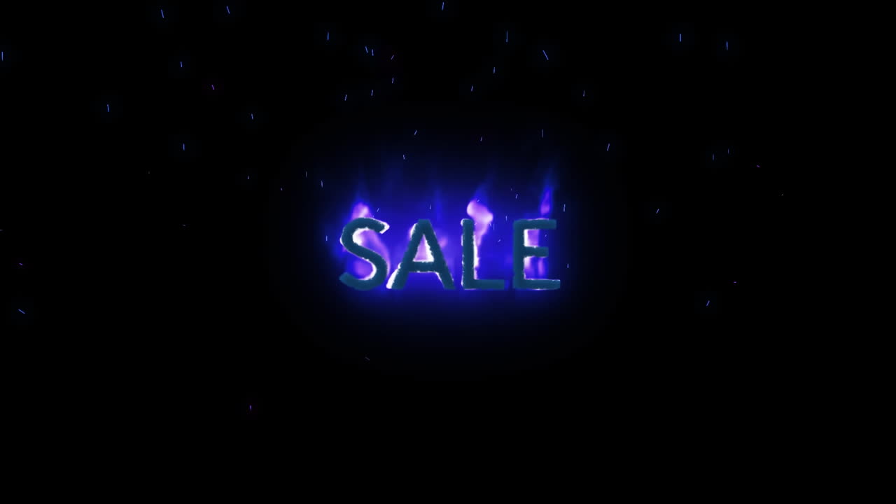 Animation of sale text in burning flames over dark background