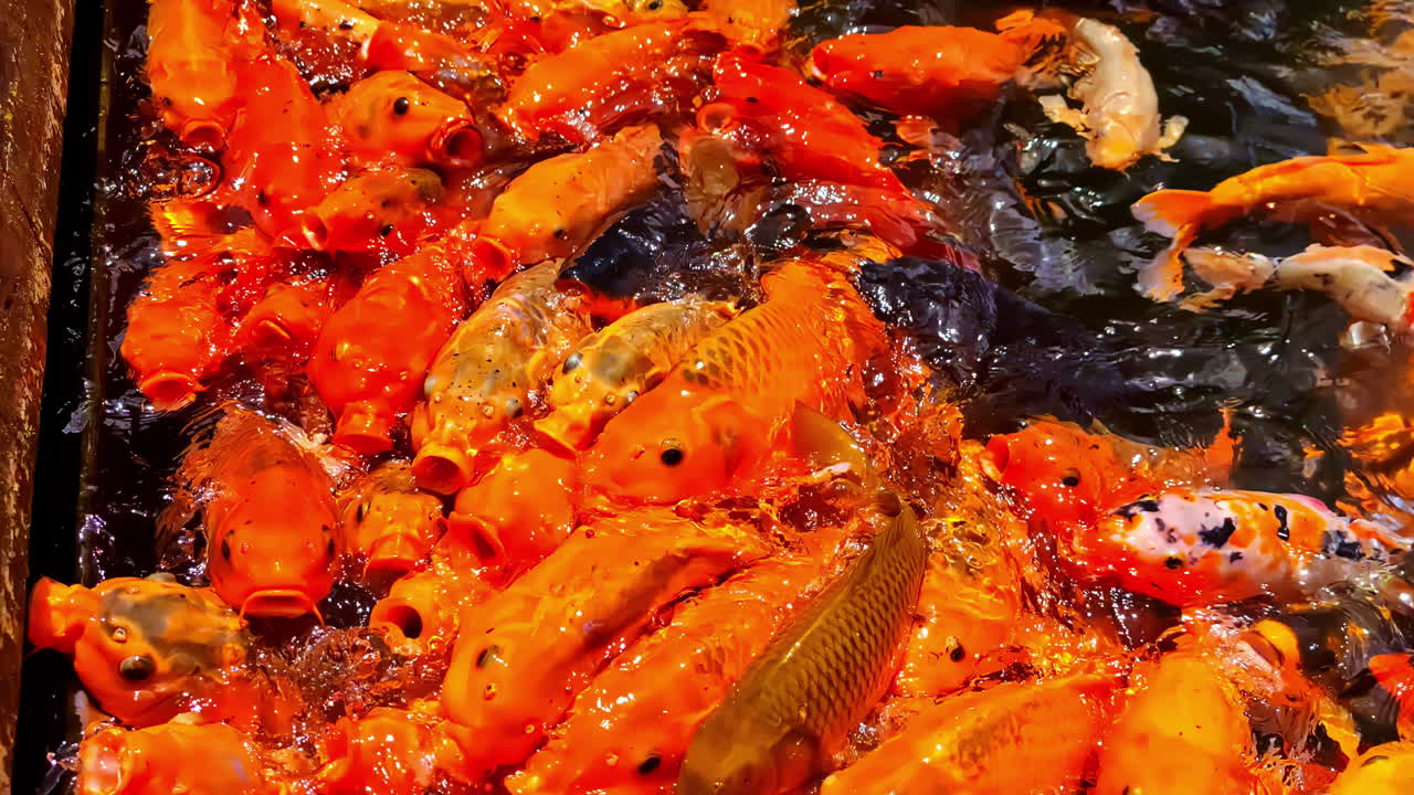 Hungry koi fish brocaded carp inside pond nishikigoi colorful variety