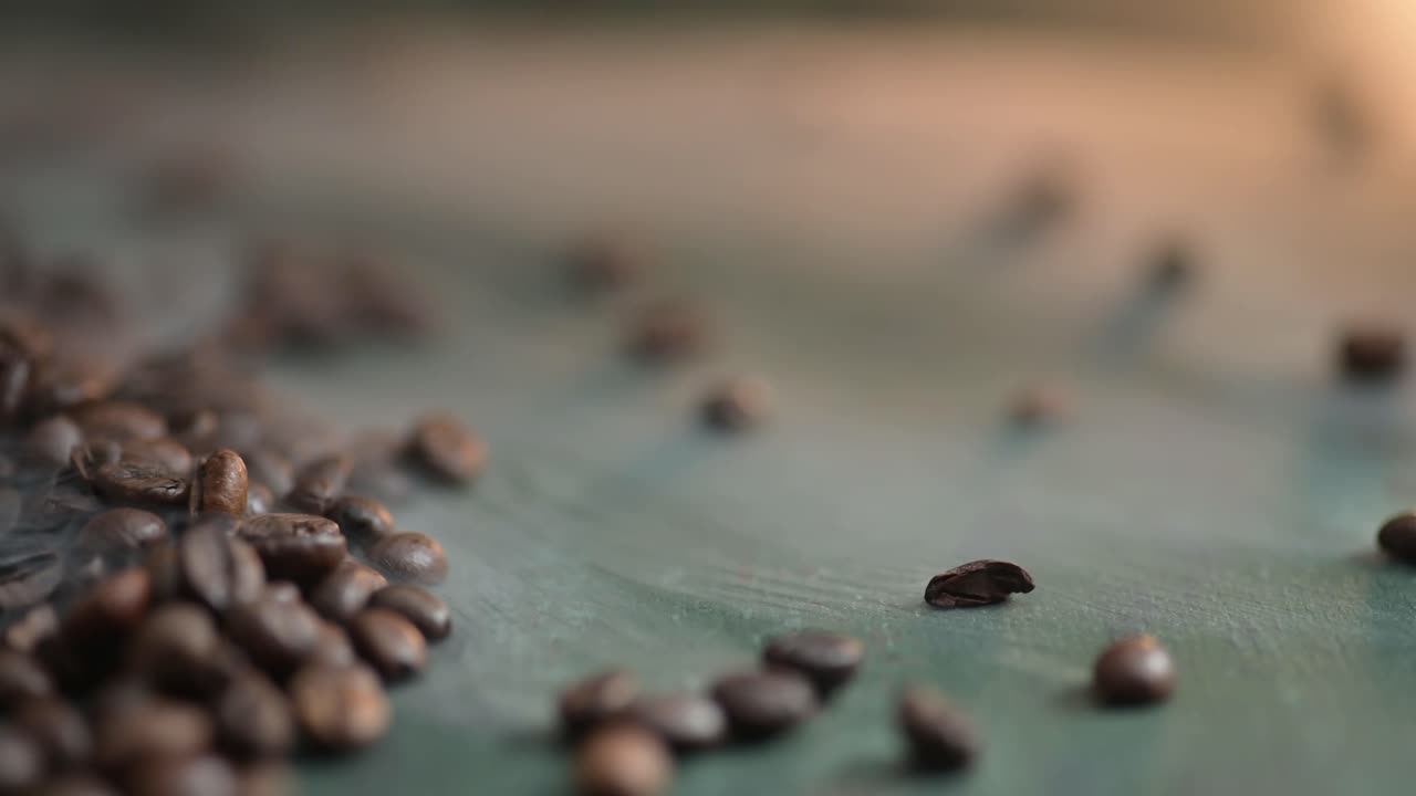 Dolly left of hot coffee beans with smoke lying on the dark green background