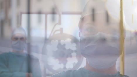 animation of road traffic over caucasian female surgeon in face mask