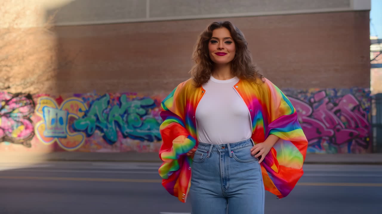 Woman in a vibrant rainbow jacket posing against a graffiti wall