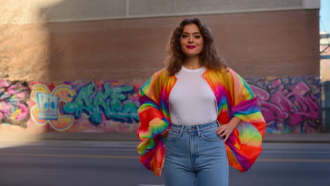 woman in a vibrant rainbow jacket posing against a graffiti wall