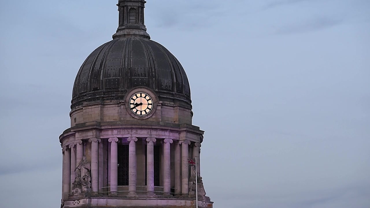 Primo piano della Cupola e dell'Orologio della Nottingham Council House. Il Consiglio Comunale di Nottingham si trova in Old Market Square, nel cuore del centro di Nottingham, Nottinghamshire.