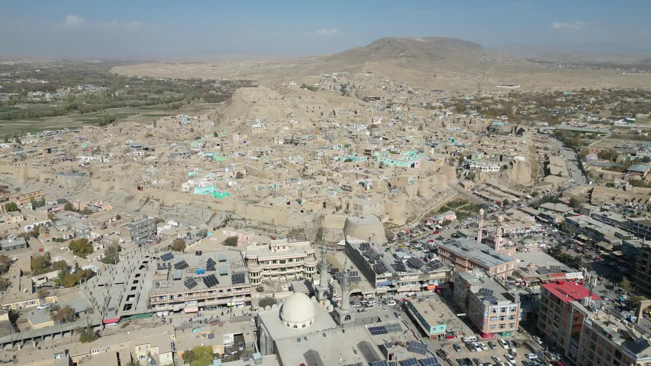 Aerial drone View Of Ghazni City And Historic Citadel In Afghanistan. Silk road hub