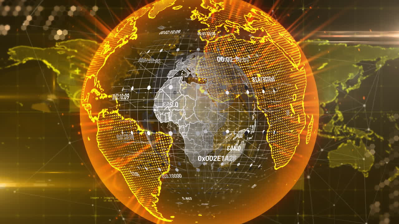 Digital globe glowing with data points and coordinates over world map background
