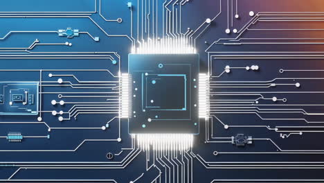 abstract view of a glowing computer chip and circuit board