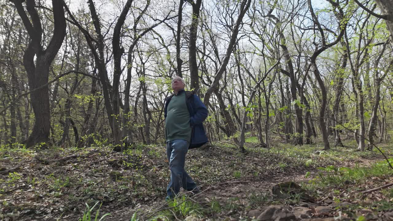 Senior man listens to woodland nature sounds during springtime walk