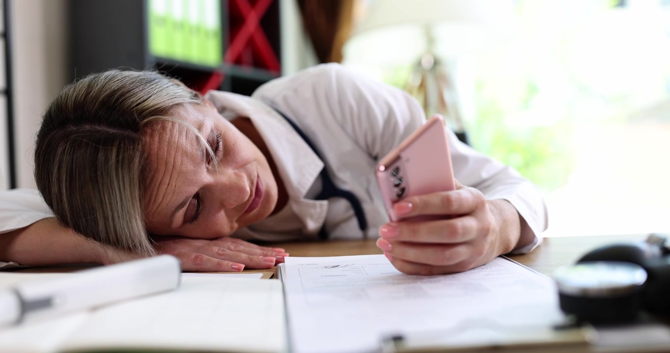 Il medico che dorme al lavoro guarda lo smartphone