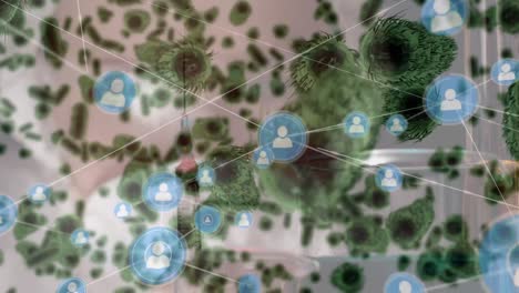 network of profile icons and covid-19 cells floating over syringe against white background