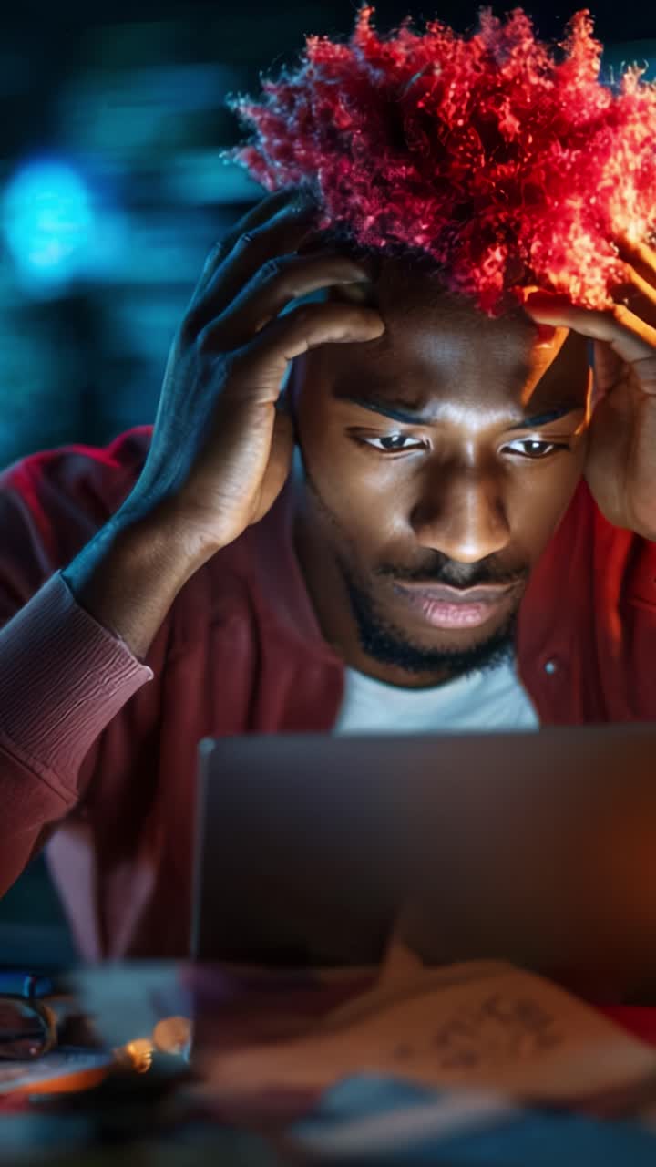 A young man with striking red hair intently stares at his laptop, overwhelmed and anxious, surrounded by dim lighting and scattered papers in a focused ambiance