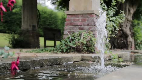 splashing fountain in a tranquil garden setting, with lush foliage and bench