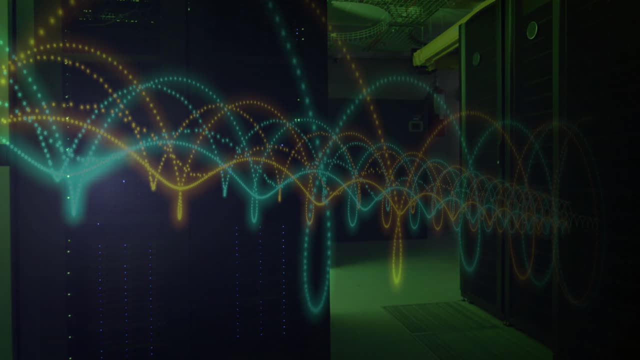 Data processing animation over server racks in data center, visualizing data flow