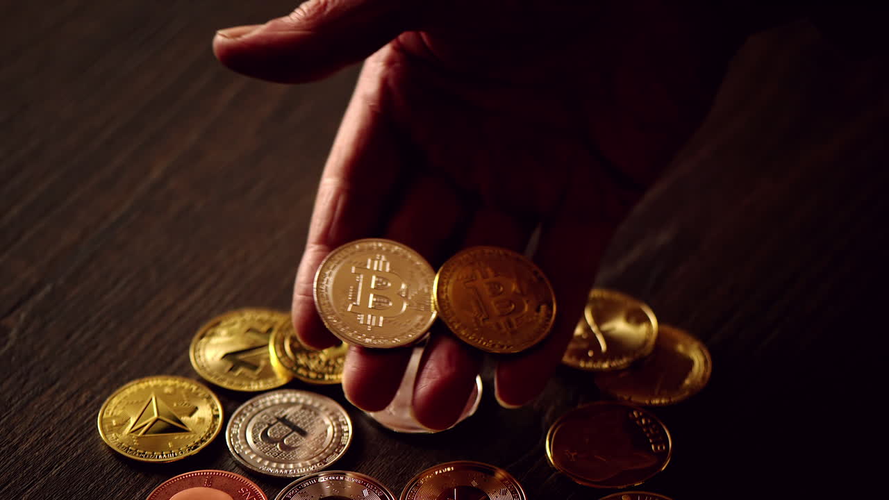 Man hand holding crypto coins and golden bitcoin on a table