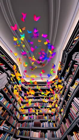 colorful butterflies in a grand library