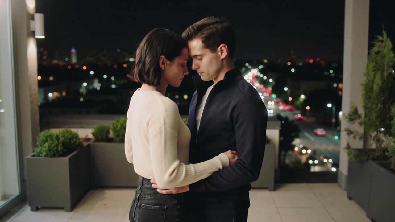 Casal se abraçando após contato visual, se aproximando em um terraço à noite, com vasos de plantas para aconchego.