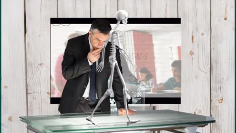 Animation-Eines-Skeletts,-Das-über-Einen-Kaukasischen-Geschäftsmann-Läuft