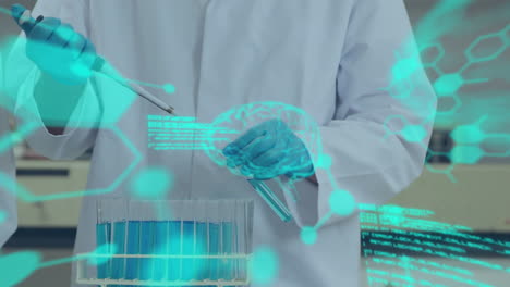 animación del procesamiento de datos, modelo digital del cerebro humano y moléculas sobre el médico que trabaja en el laboratorio