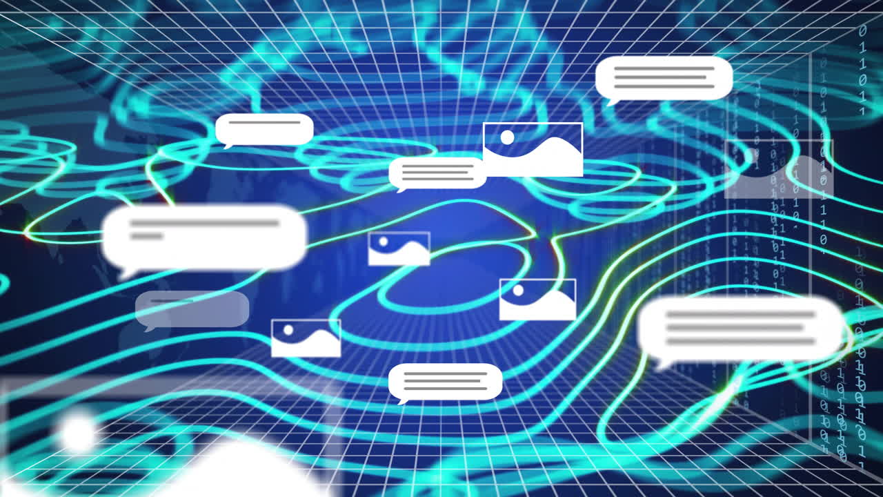 Animation of ai data processing over blue glowing lines on dark background