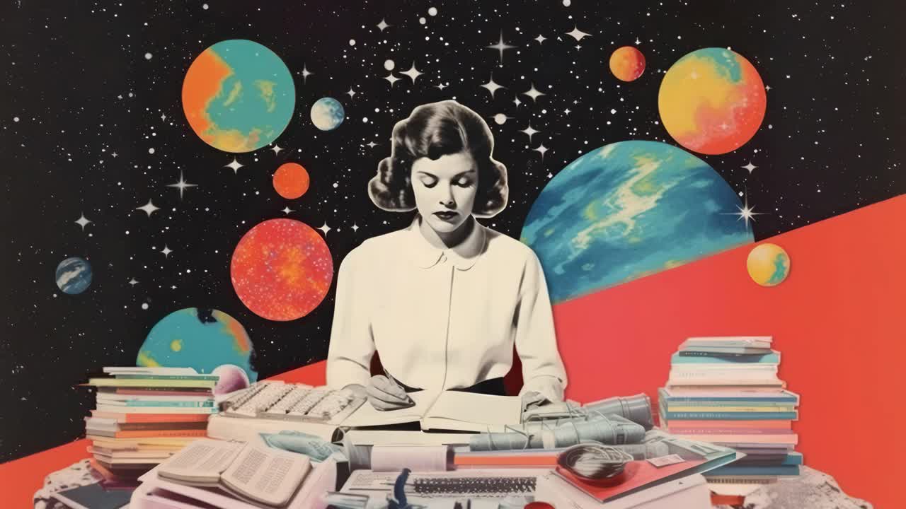 Retro-futuristic collage with a vintage woman at a desk, surrounded by books and planets