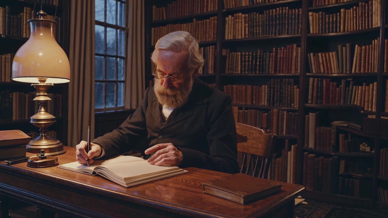 Elderly Man Writing in a Book at a Vintage Library Desk