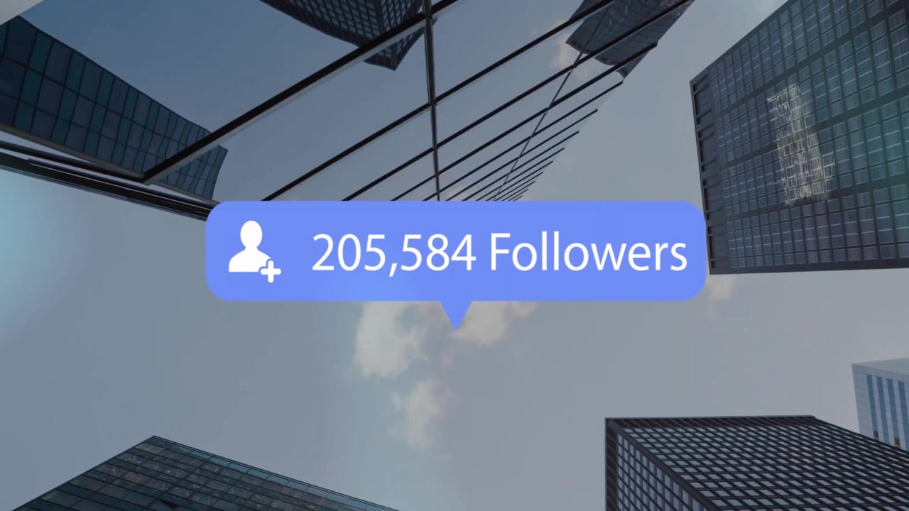 Notification bubble floating above glass skyscrapers, displaying user icon and follower count