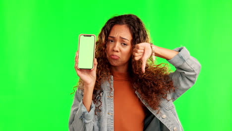 Green-screen,-thumbs-down-and-woman-face