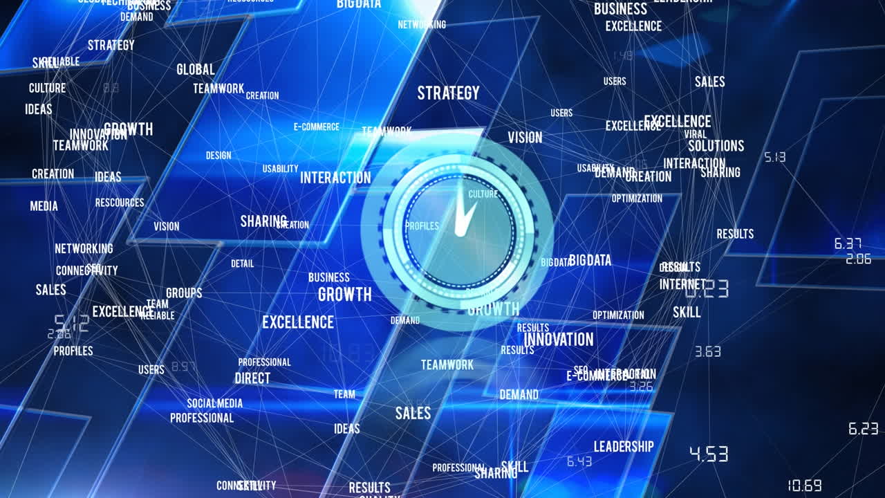 Animation of clock with business texts over blue background