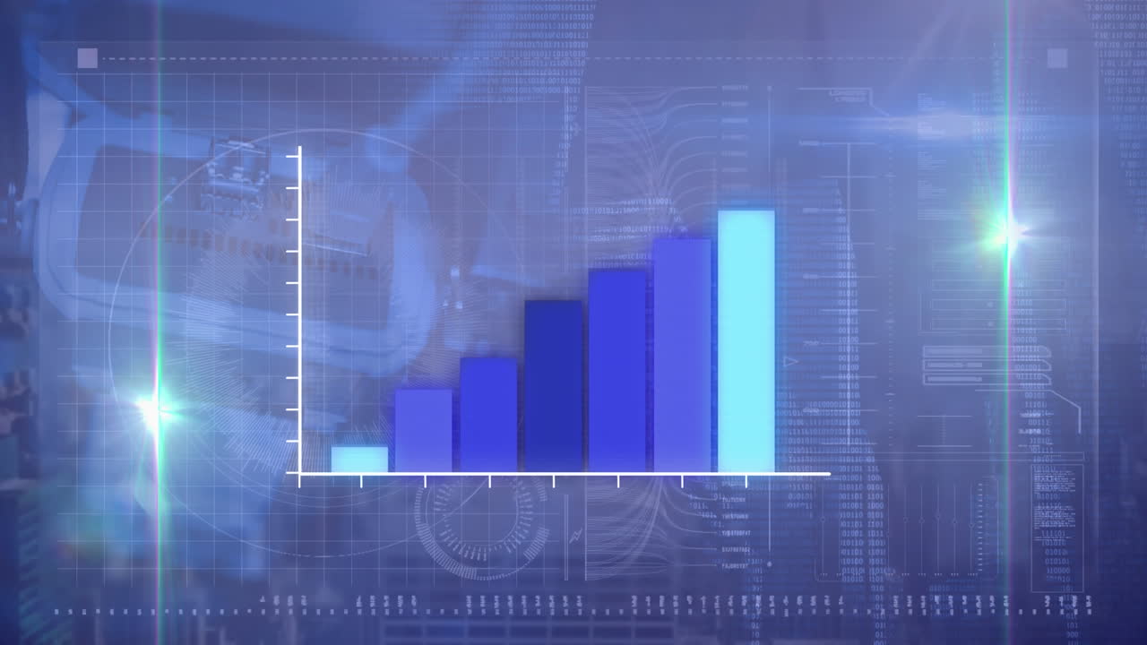 Statistical data processing against digital interface with data processing on blue background