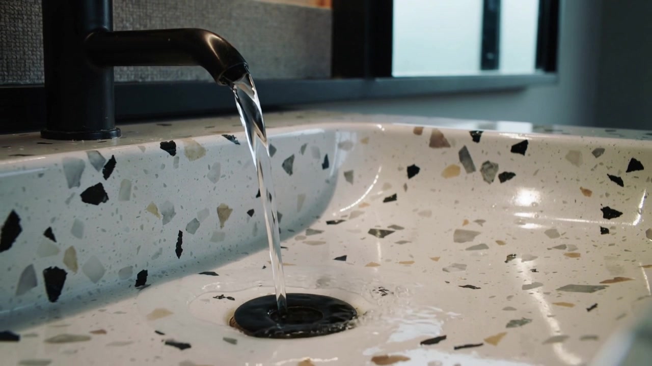 Tap opening black spout pouring clear water into terrazzo basin, hitting black drain plug