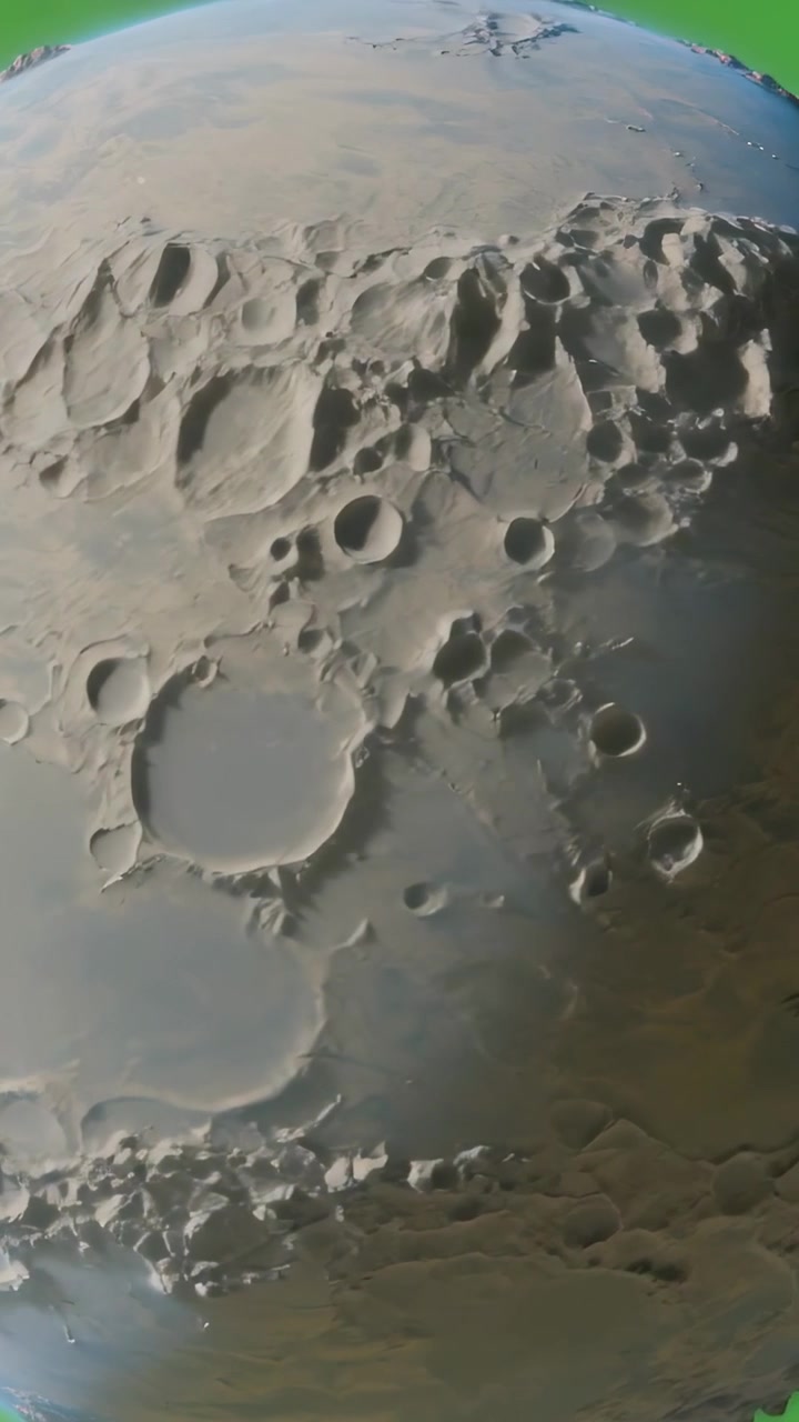 Vertical video: Rotating moon model showing craters and shadow in studio green backdrop for filming