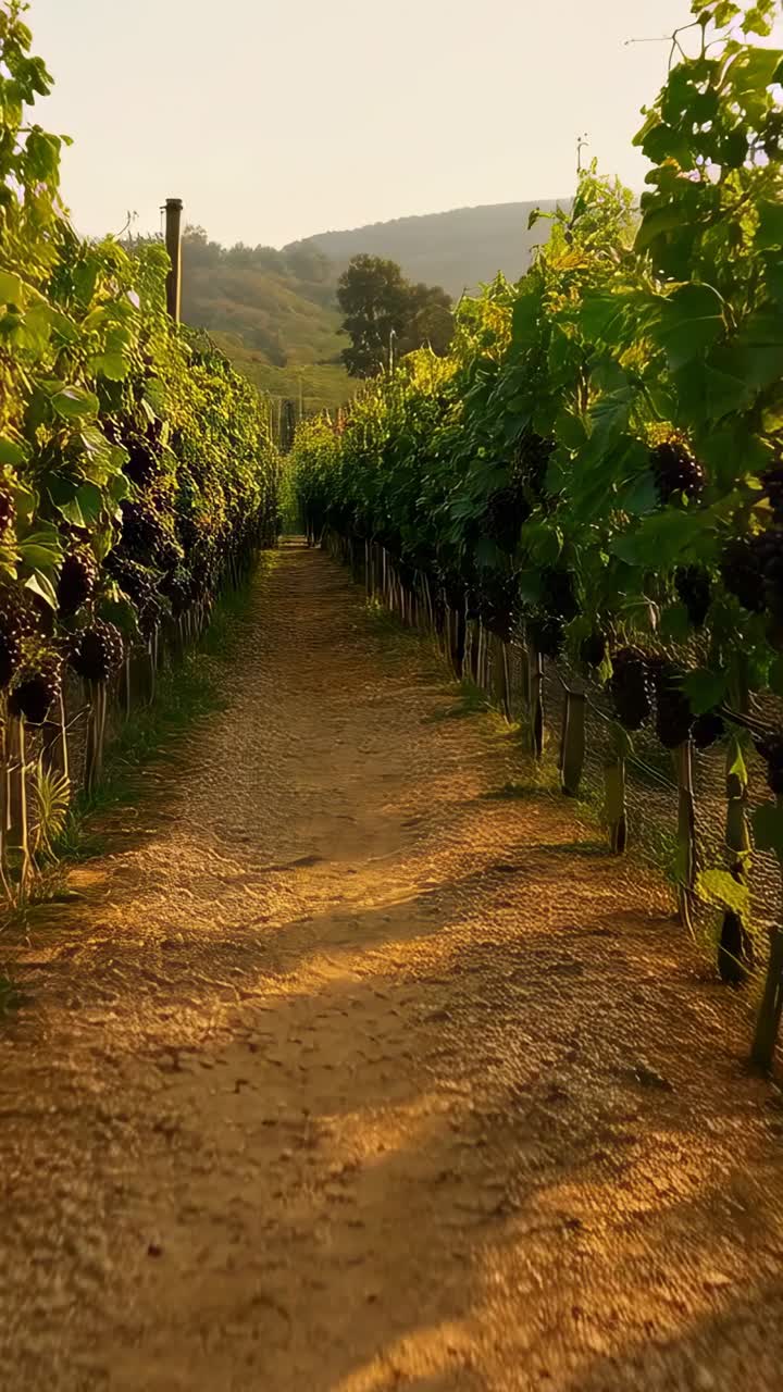 Video verticale: ripresa con camera in movimento che si abbassa lungo il filare di un vigneto, rivelando grappoli d'uva su traliccio