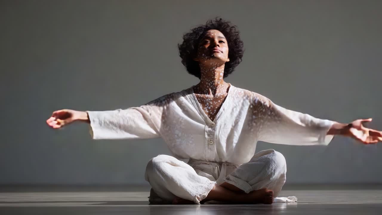 A Moment of Serenity: A Woman in Whimsical White Embraces Tranquility, Bathed in Light and Shadow, Inspirationally Posed in a Minimalist Setting that Evokes Peace and Reflection