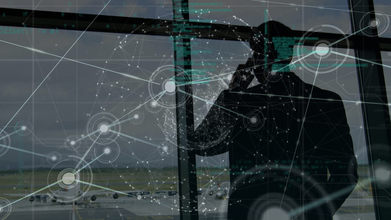 선, 지구, 텍스트를 연결하는 점의 애니메이션 실루 사업가 전화로 이야기