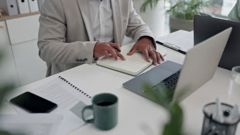 writing, research and hands of business person