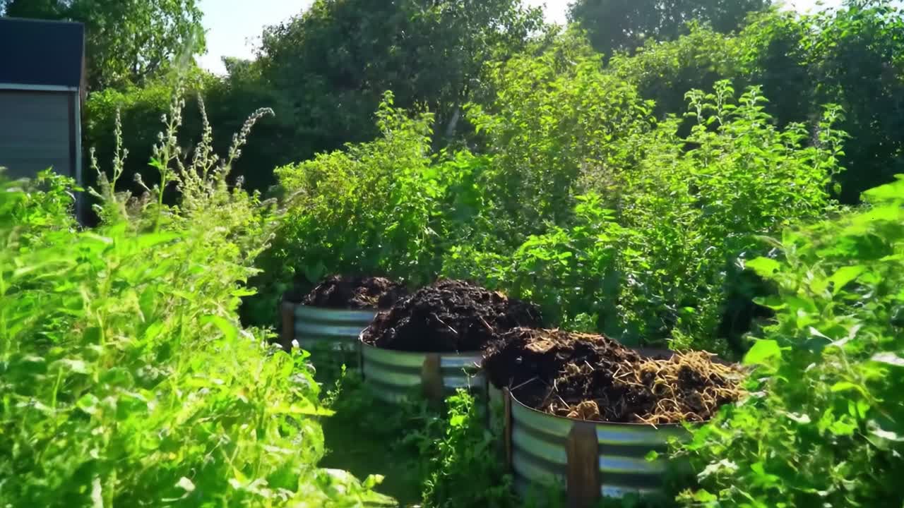 A Lush Green Garden Scene Featuring Raised Compost Bins Surrounded by Abundant Vegetation on a Bright Sunny Day