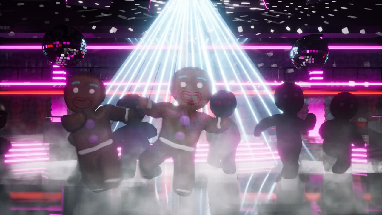 los hombres felices de pan de jengibre están bailando en la discoteca de la noche de año nuevo. el concepto de la celebración de navidad. animación de bucle sin fisuras para navidad, año nuevo y fondos de vacaciones.