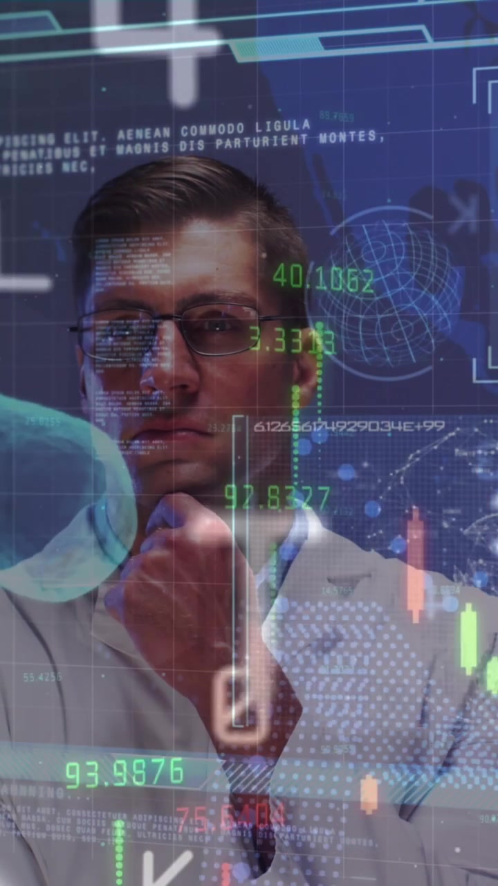 Animation of scientific data processing over caucasian male doctor