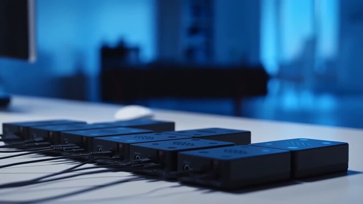 Dispositivi elettronici connessi su una scrivania in un ufficio illuminato di blu