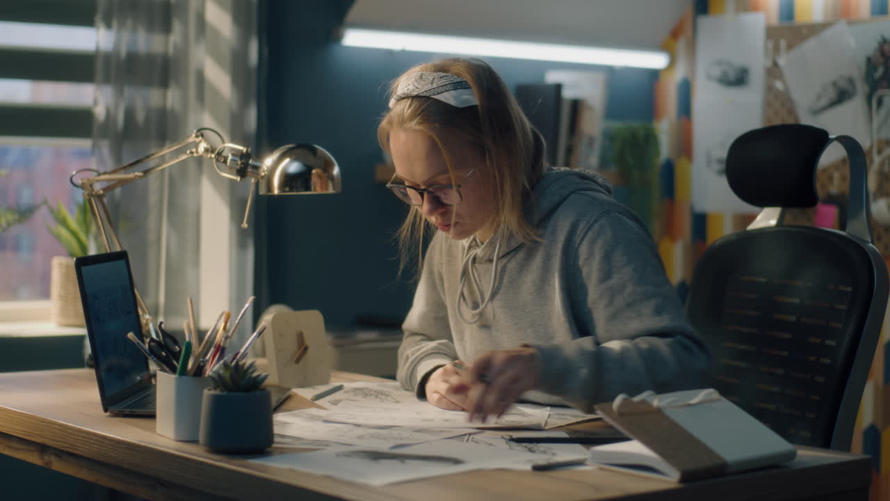 Young Woman Artist Working on Drawings at Home