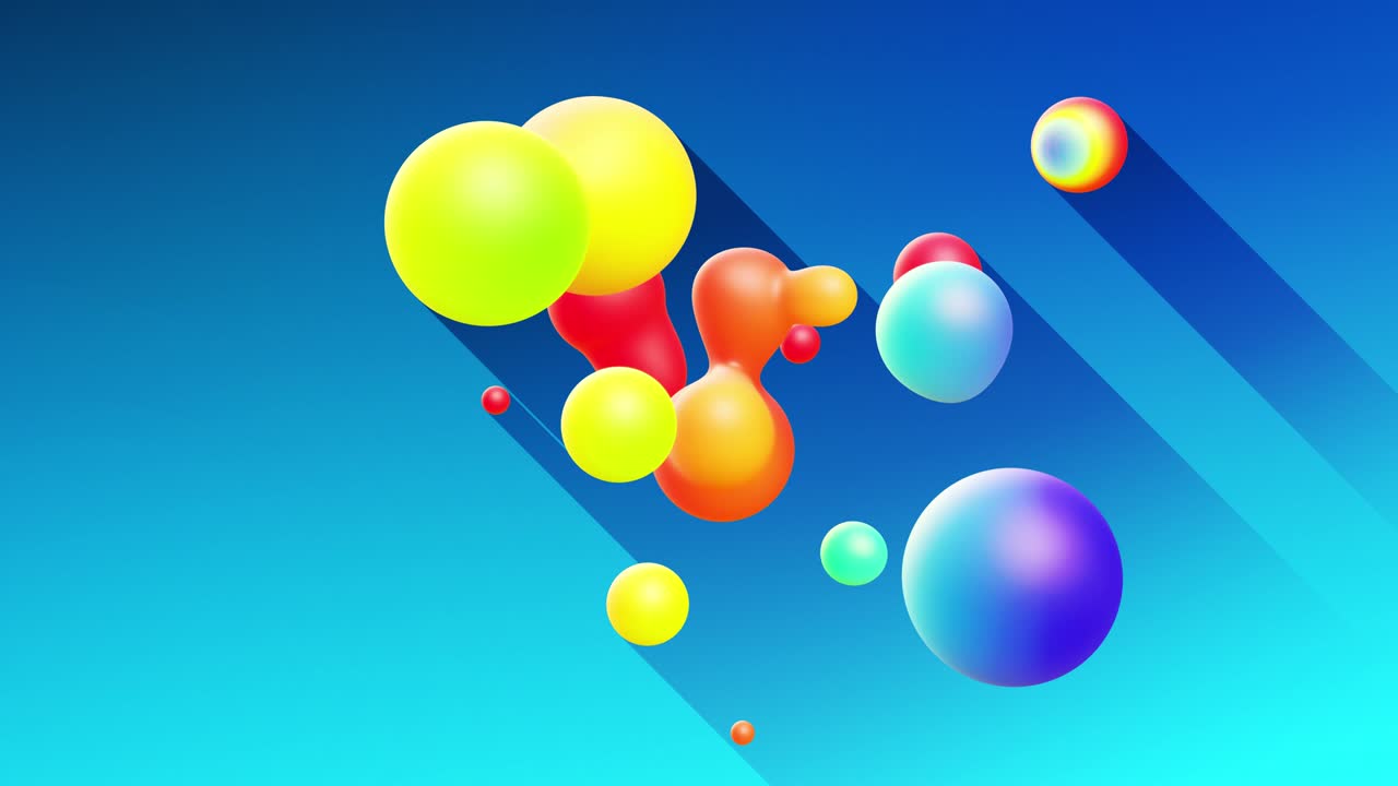 bolas multicolores o burbujas con colores de gradiente populares y en el material de brillo subterráneo volar en el aire se fusionan como gotas metabolas, esferas que arrojan sombras largas. 4k fondo en bucle sin costuras 4