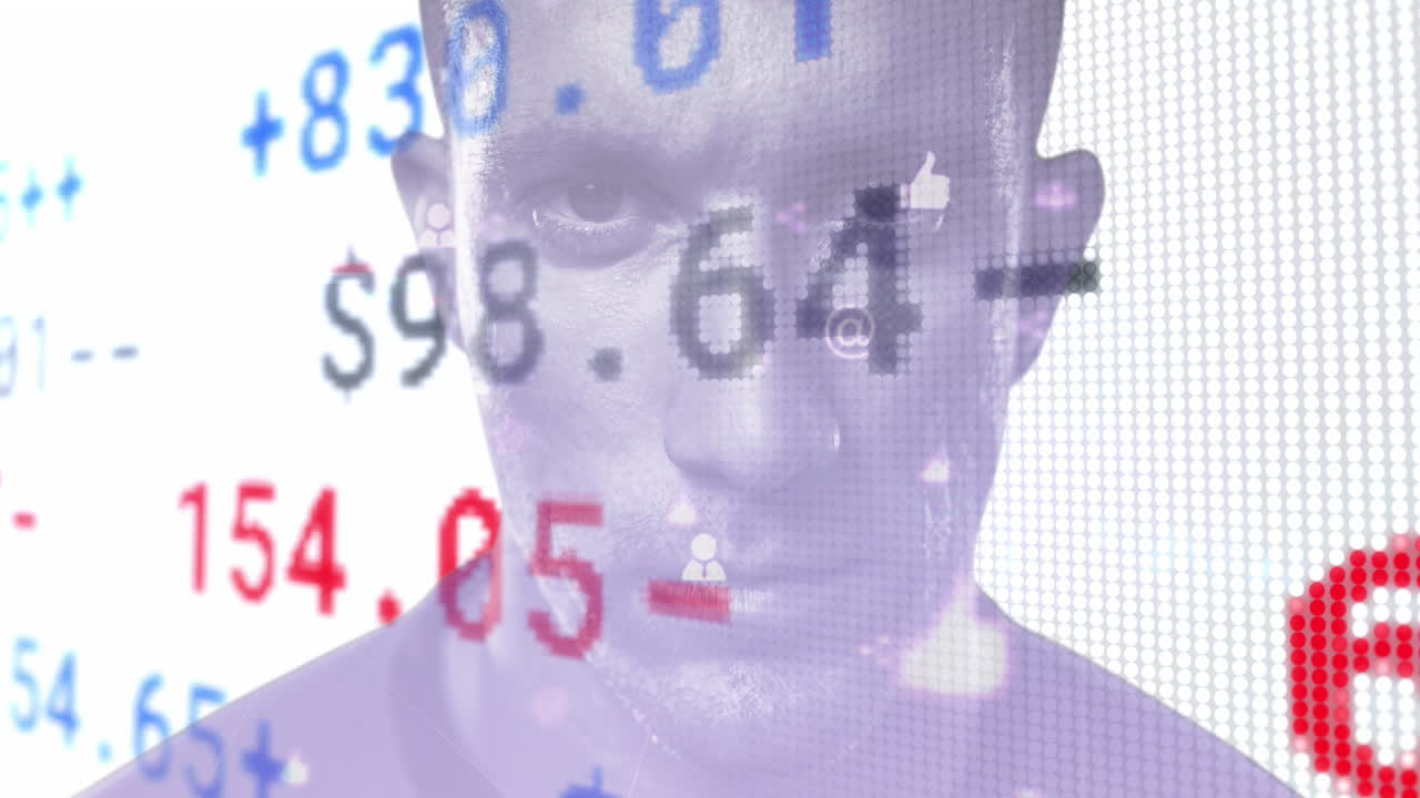 상거래 보드의 애니메이션, 기호, 엄지손가락을 올리는 아이콘,  바탕에 색 남자의 초상화