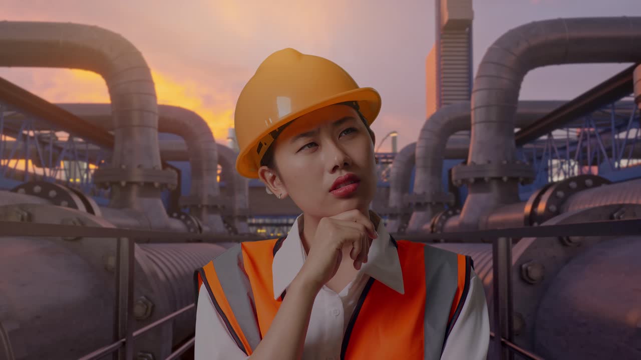 Primo piano di un'ingegnere donna asiatica con elmetto di sicurezza, che pensa a qualcosa e si guarda intorno mentre è in piedi, con una rete di condotte industriali al tramonto.