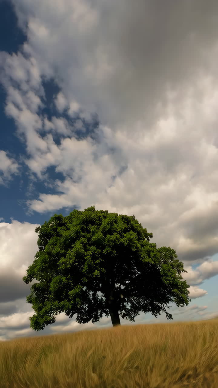 A lone tree in a golden field under a dramatic sky