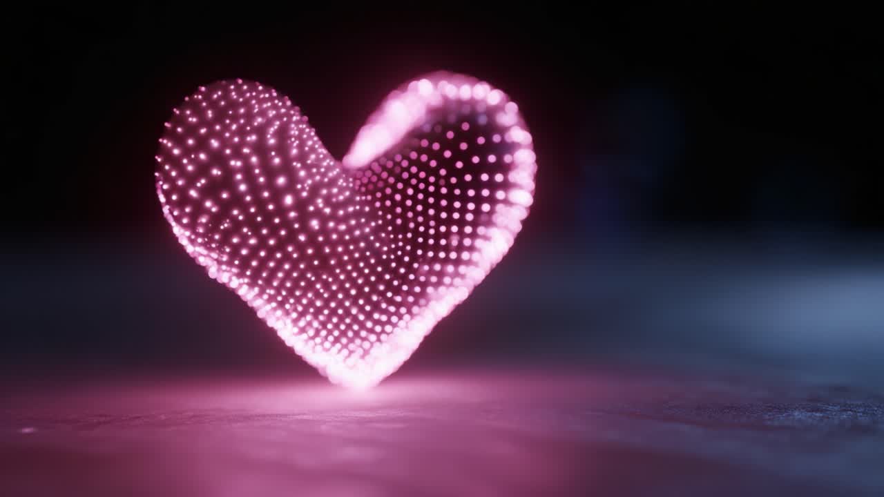 Un bellissimo design a forma di cuore che risplende con colori neon vivaci, che rappresenta l’amore, l’emozione e la connessione in un’accattivante esposizione di luci