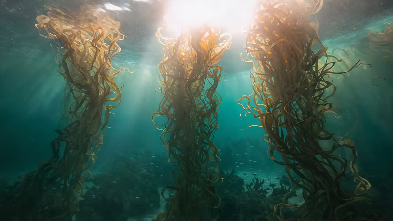 Rising camera revealing three kelp pillars swaying upward in shallow kelp forest, with light beams