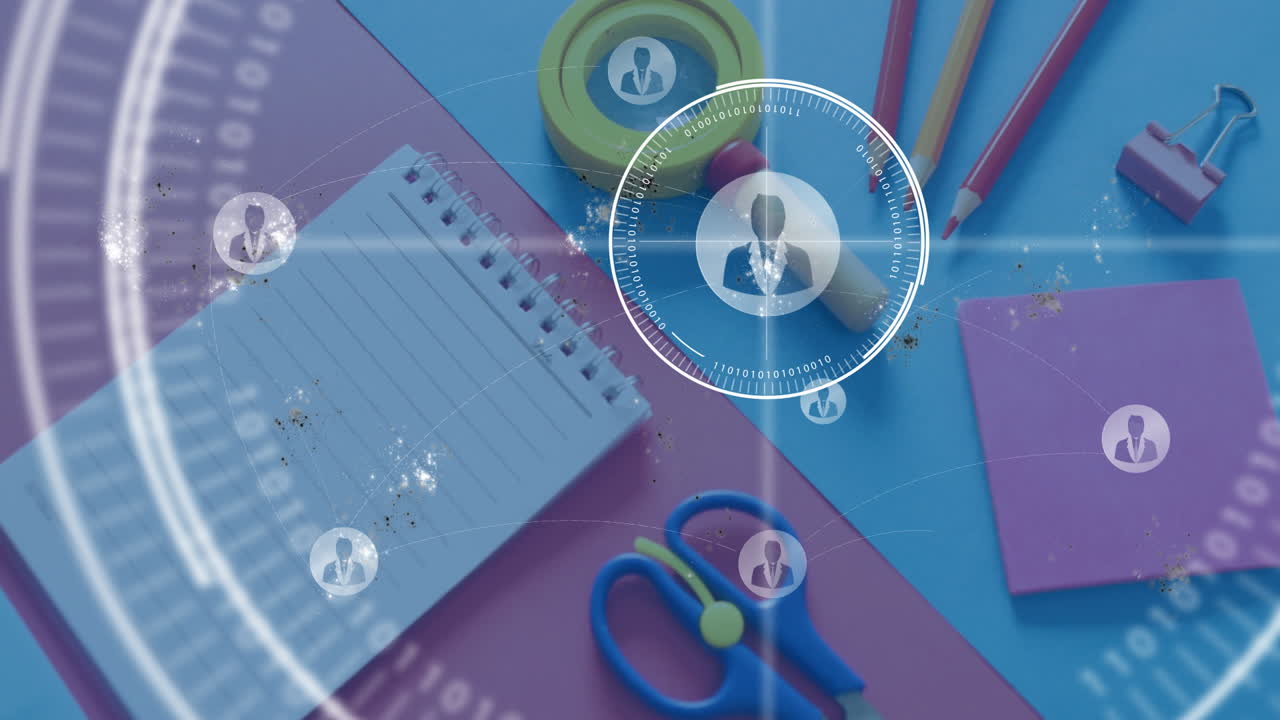 Office supplies on desk with digital network connections overlay animation