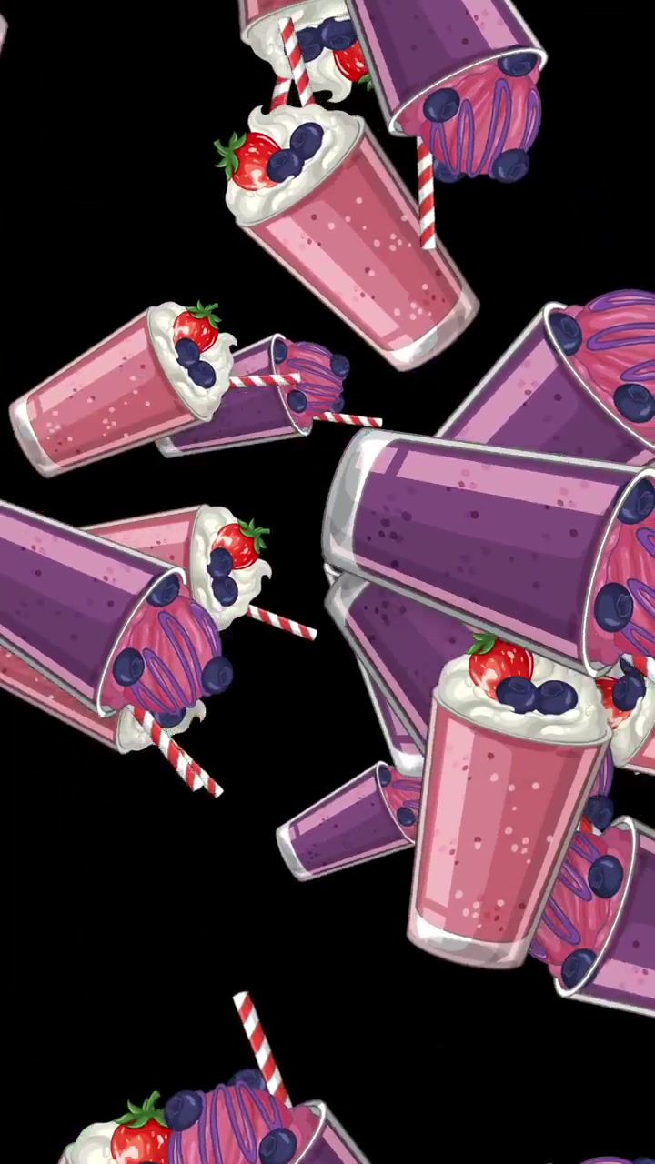 Batidos de frutos rojos ilustrados y coloridos con crema batida y frutas cayendo sobre un fondo negro.