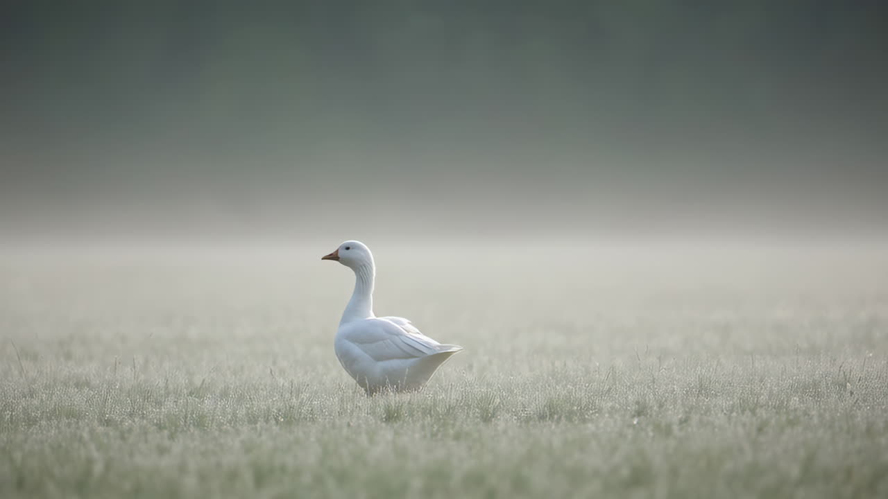 White Goose in a Misty Meadow