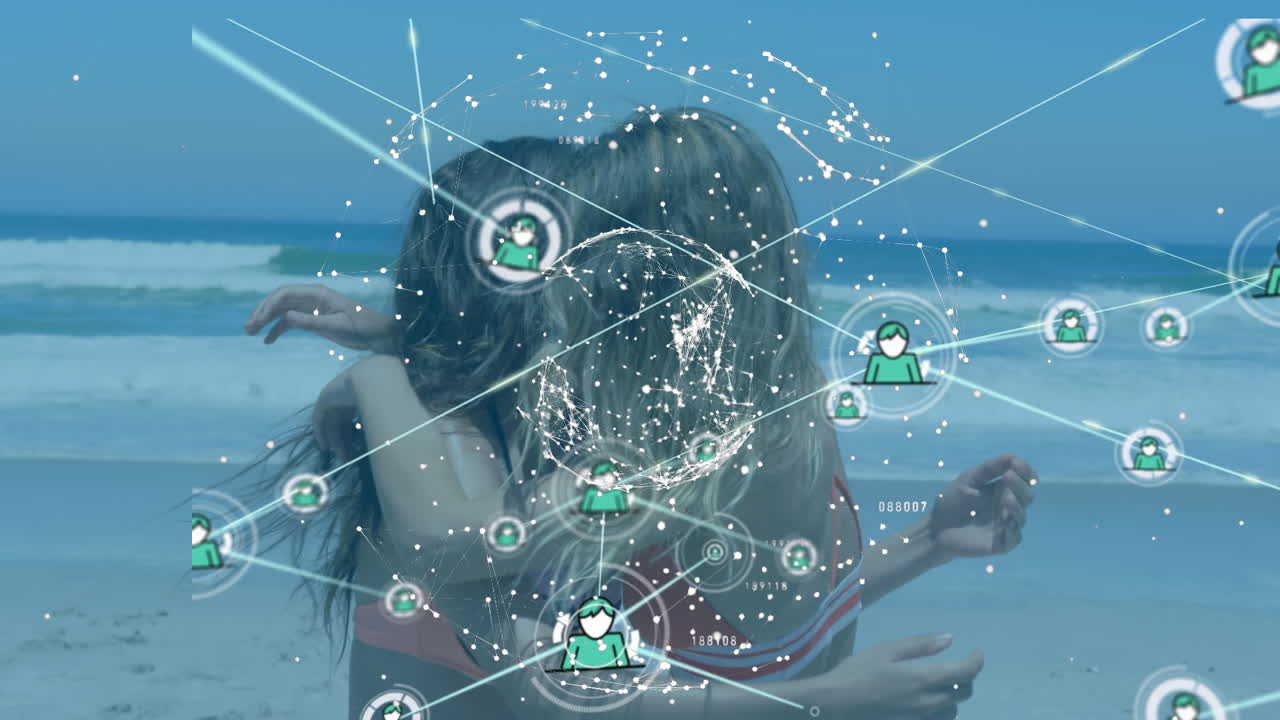 animación de la red de conexiones con iconos sobre mujeres caucásicas felices en la playa