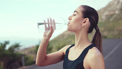 Drinking-water,-fitness-and-tired-woman-training